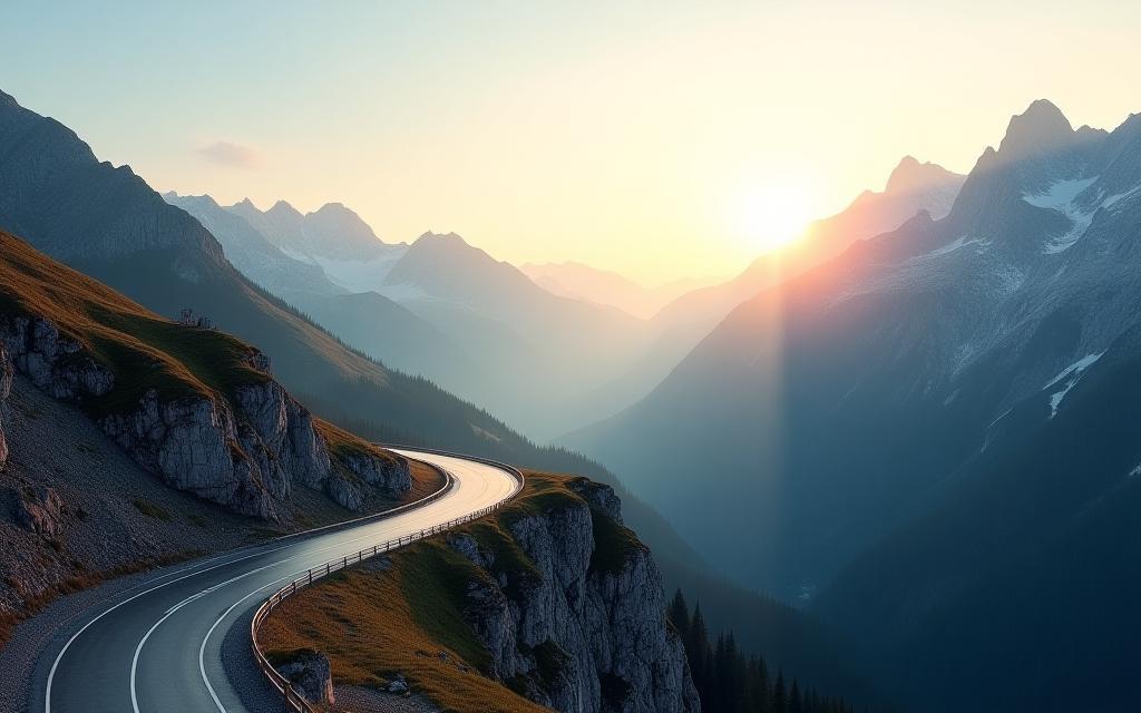 Austrian alpine motorway at sunrise