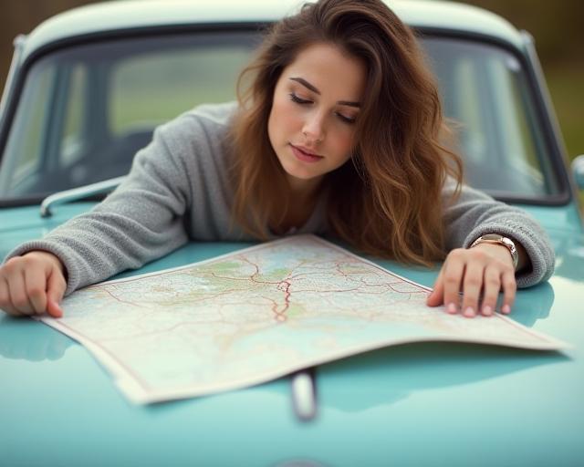Woman studying a road map on a car bonnet
